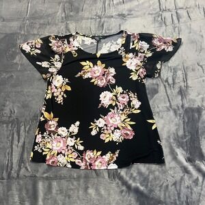 Adele & May Blouse Womens Medium Black Floral Round Neck Stretch Flutter Sleeve
